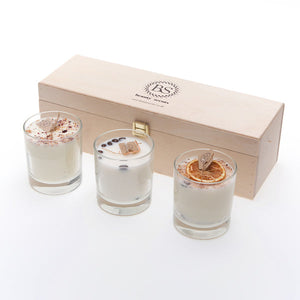 kleines geschenkset mit 3 verschiedenen kerzen im glas